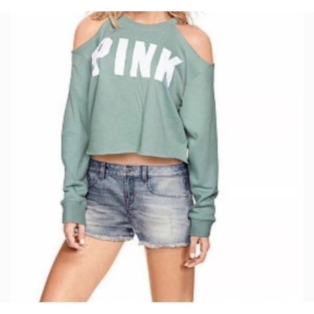 PINK SHOULDER CUT OUT CROP SWEATSHIRT WITH RAW HEMS - M